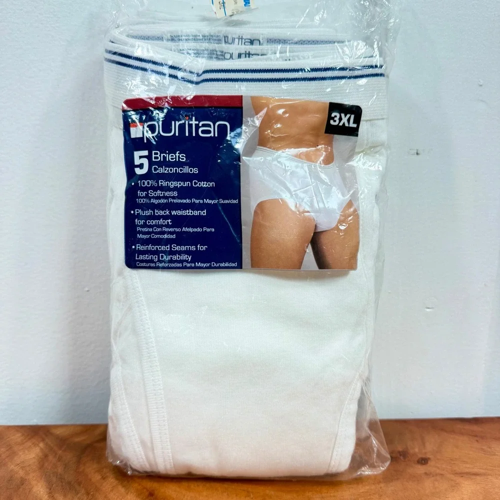 VTG Puritan Mens Briefs Underwear 5 Pk Size 3XL Tighty Whities Briefs Cotton NEW